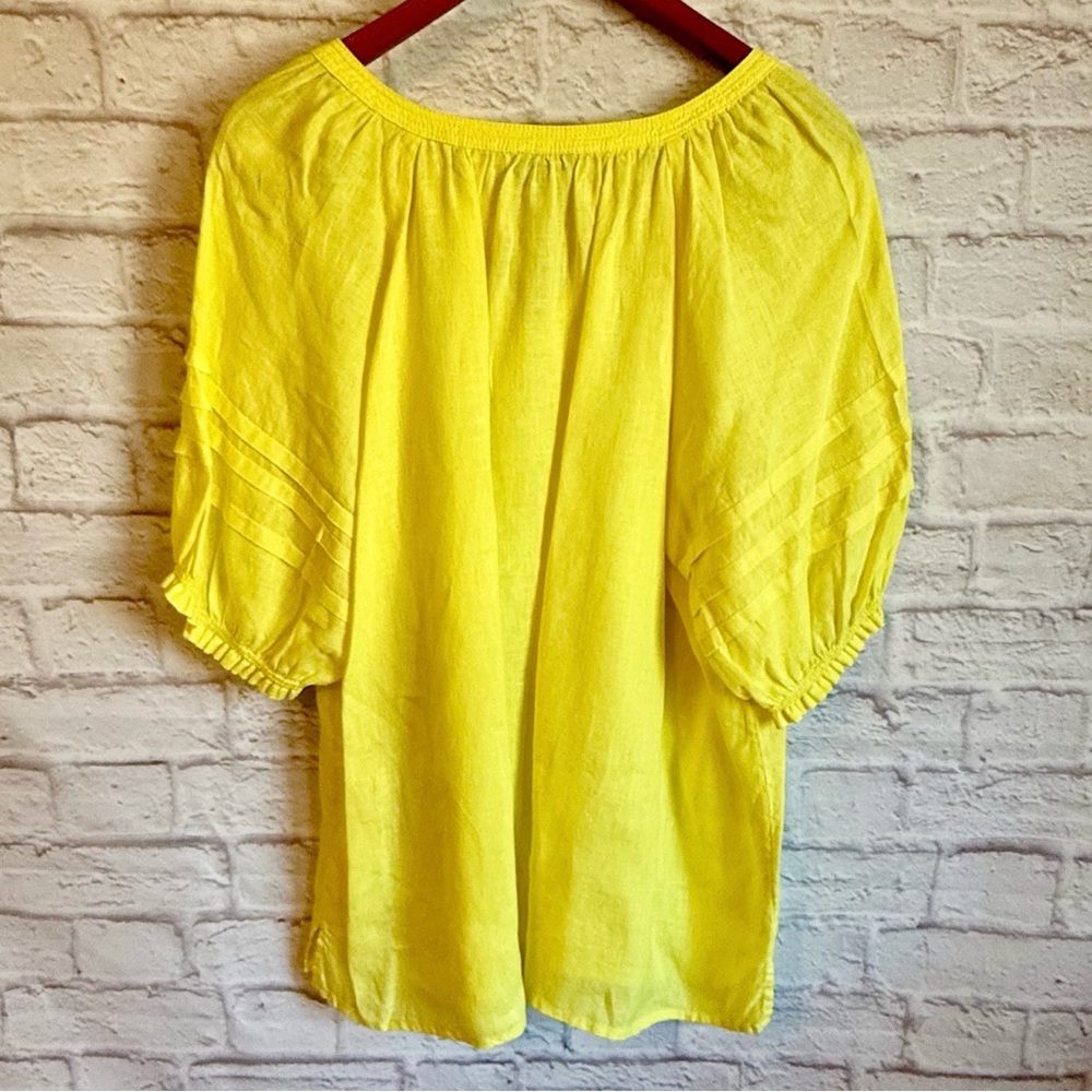 Talbots Bright Yellow Linen Blouse Tassel Tie Neck Short Sleeves Peasant Top 2X - Picture 3 of 6